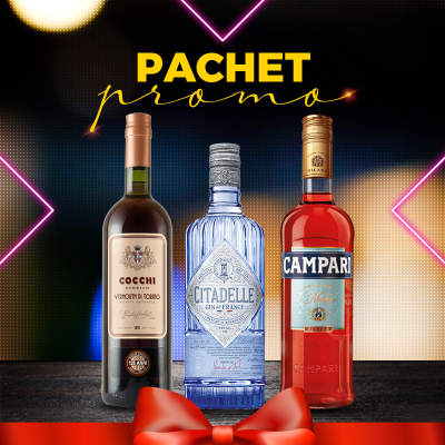 Pachet Negroni: 1 Cocchi Vermouth di Torino 0.75L + 1 Citadelle Gin 0.7L + 1 Campari 0.7L Pachet Negroni: 1 Cocchi Vermouth di Torino 0.75L + 1 Citadelle Gin 0.7L + 1 Campari 0.7L