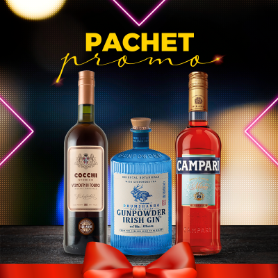 Pachet Negroni: 1 Cocchi Vermouth di Torino 0.75L + 1 Gunpowder Gin 0.7L + 1 Campari 0.7L Pachet Negroni: 1 Cocchi Vermouth di Torino 0.75L + 1 Gunpowder Gin 0.7L + 1 Campari 0.7L