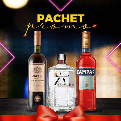 Pachet Negroni: 1 Cocchi Vermouth di Torino 0.75L + 1 Roku Gin 0.7L + 1 Campari 0.7L Pachet Negroni: 1 Cocchi Vermouth di Torino 0.75L + 1 Roku Gin 0.7L + 1 Campari 0.7L
